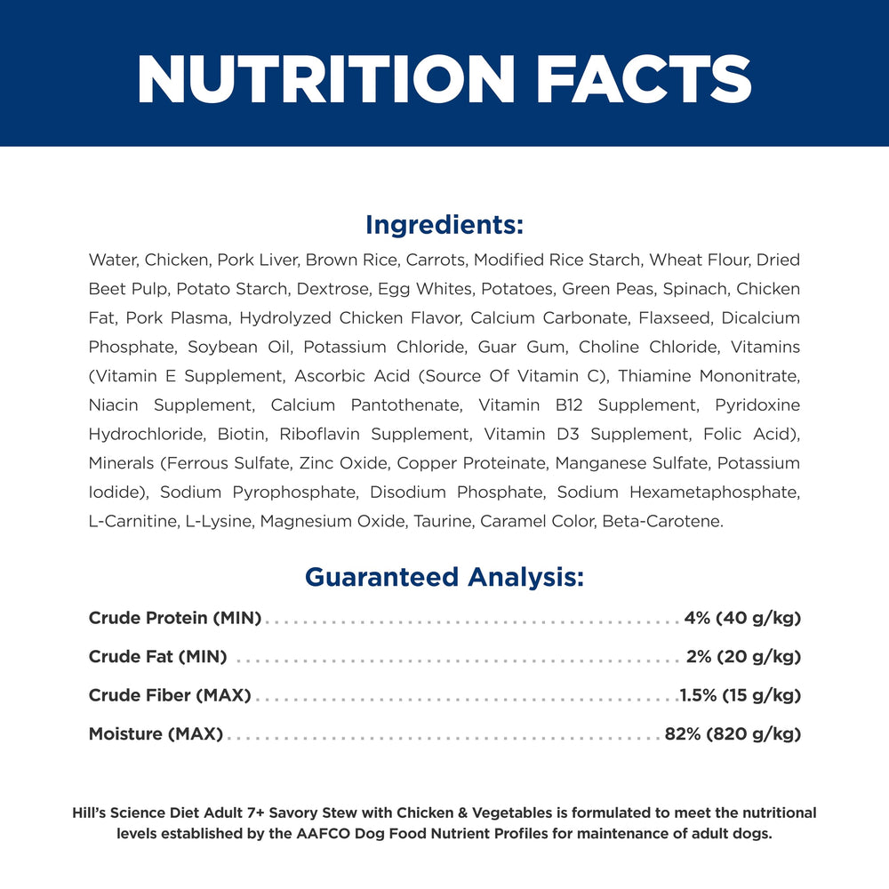 Hill's Science Diet 7+ Savory Stew nutrition label highlights protein and minerals.
