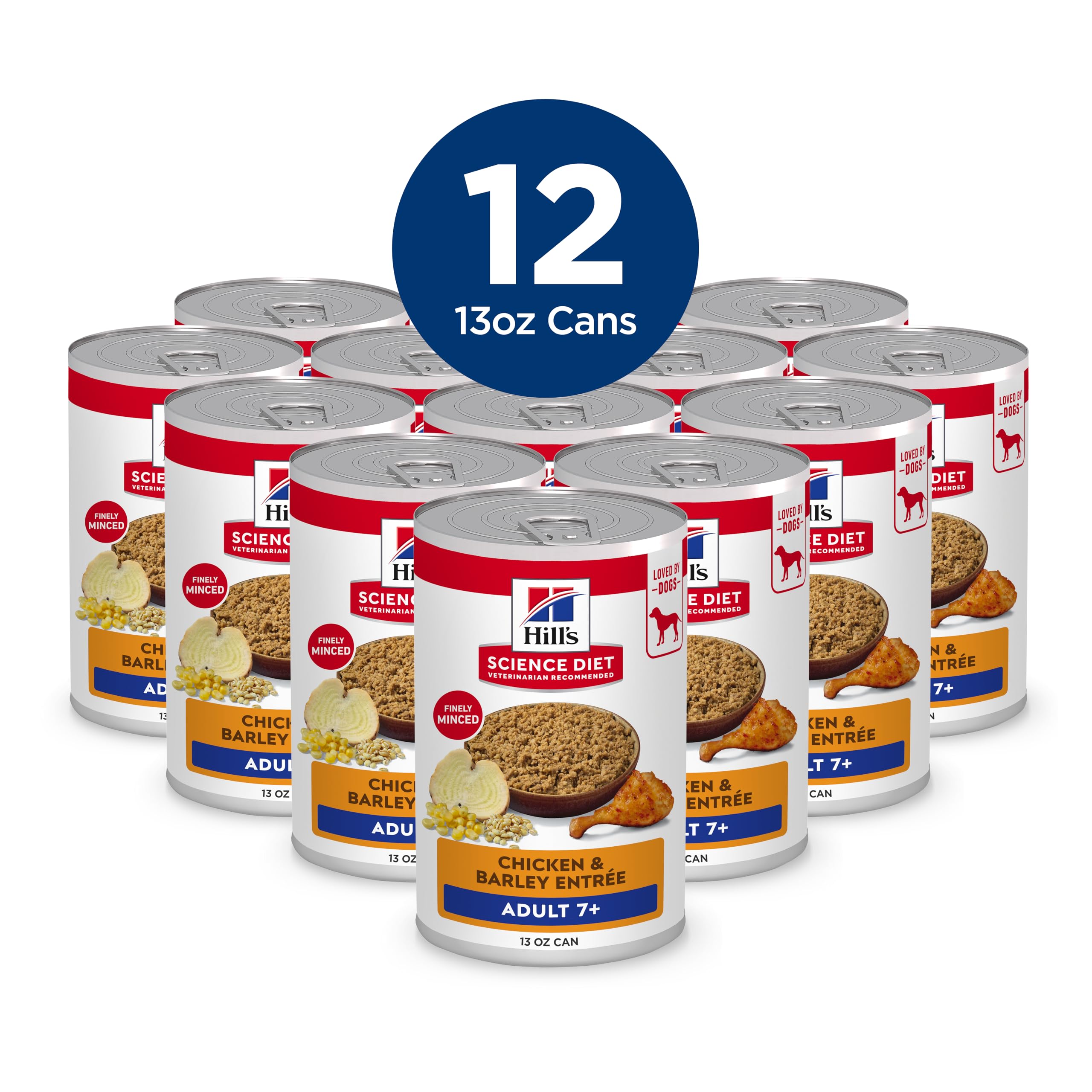 Hill's Science Diet Adult 7+ wet dog food can with chicken and barley - senior-friendly texture for easy chewing.