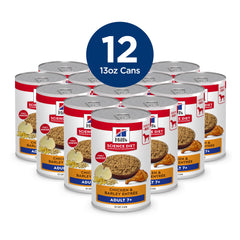 Hill's Science Diet Adult 7+ wet dog food can with chicken and barley - senior-friendly texture for easy chewing.