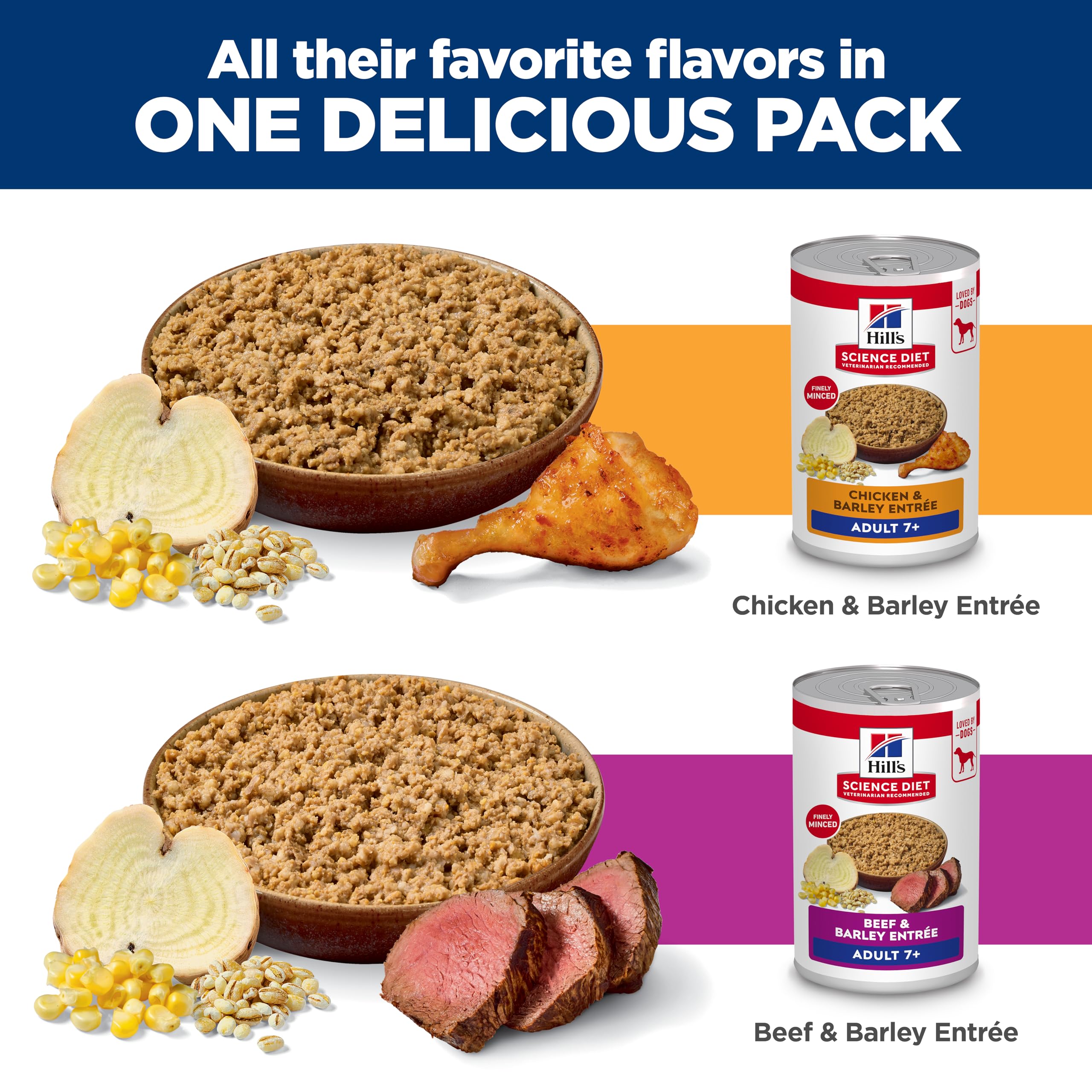 Hill's Science Diet 7+ variety-pack display with two flavors