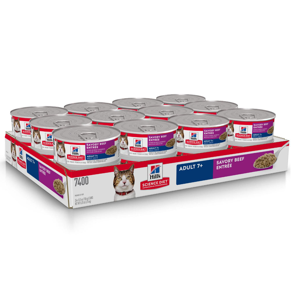 Hill's Science Diet Adult 7+ Beef Minced open can; convenient daily meal option.