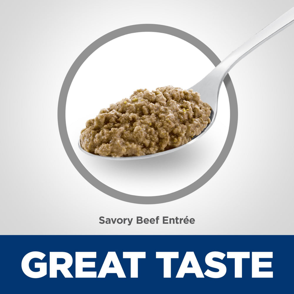 Hill's Science Diet Adult 7+ Beef Minced texture image; savory meal with appealing mouthfeel.