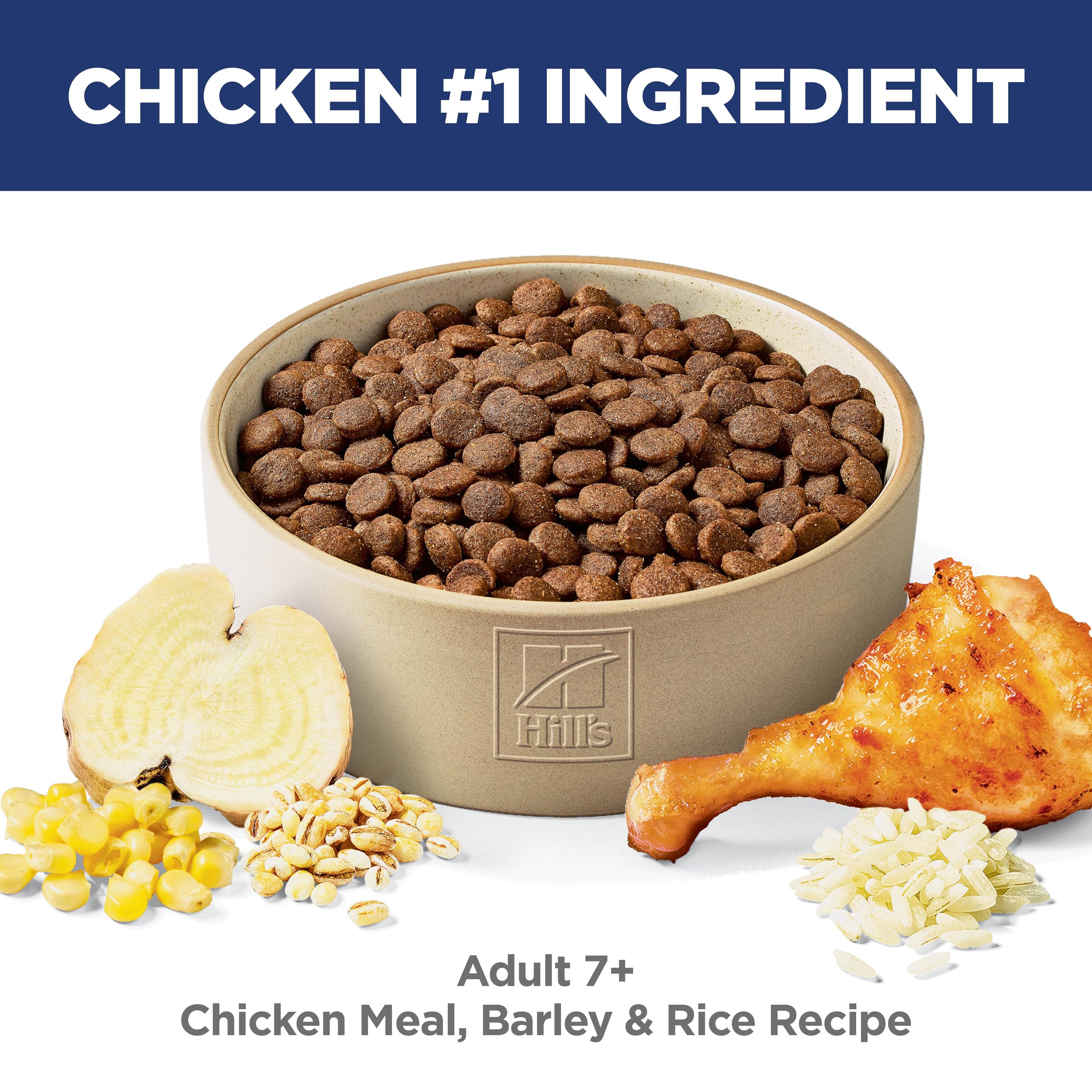 Hill's Science Diet Adult 7+ chicken meal kibble close-up highlighting lean muscle support.
