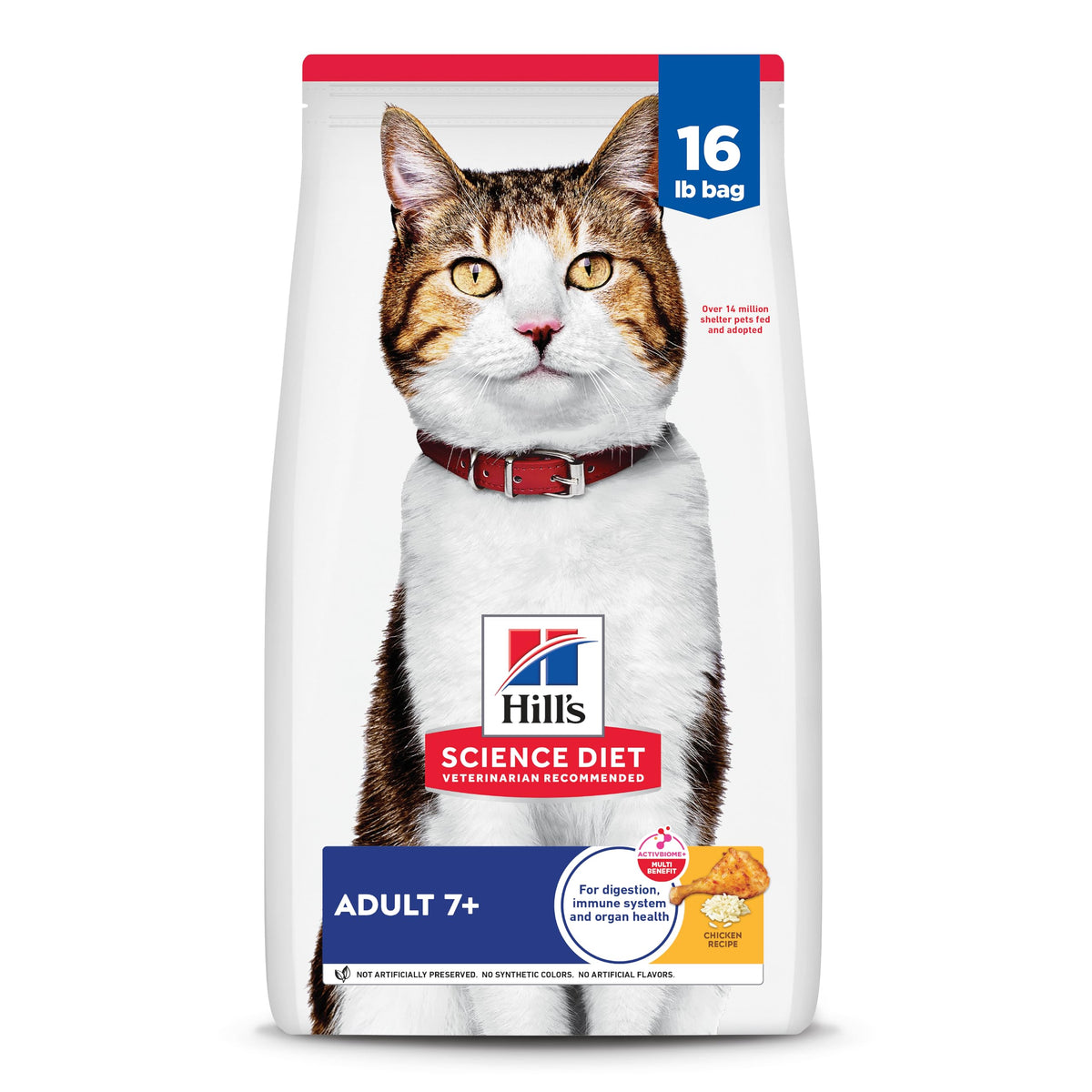 Hill's Science Diet Adult 7+ dry cat food bag demonstrates senior formula for aging cats