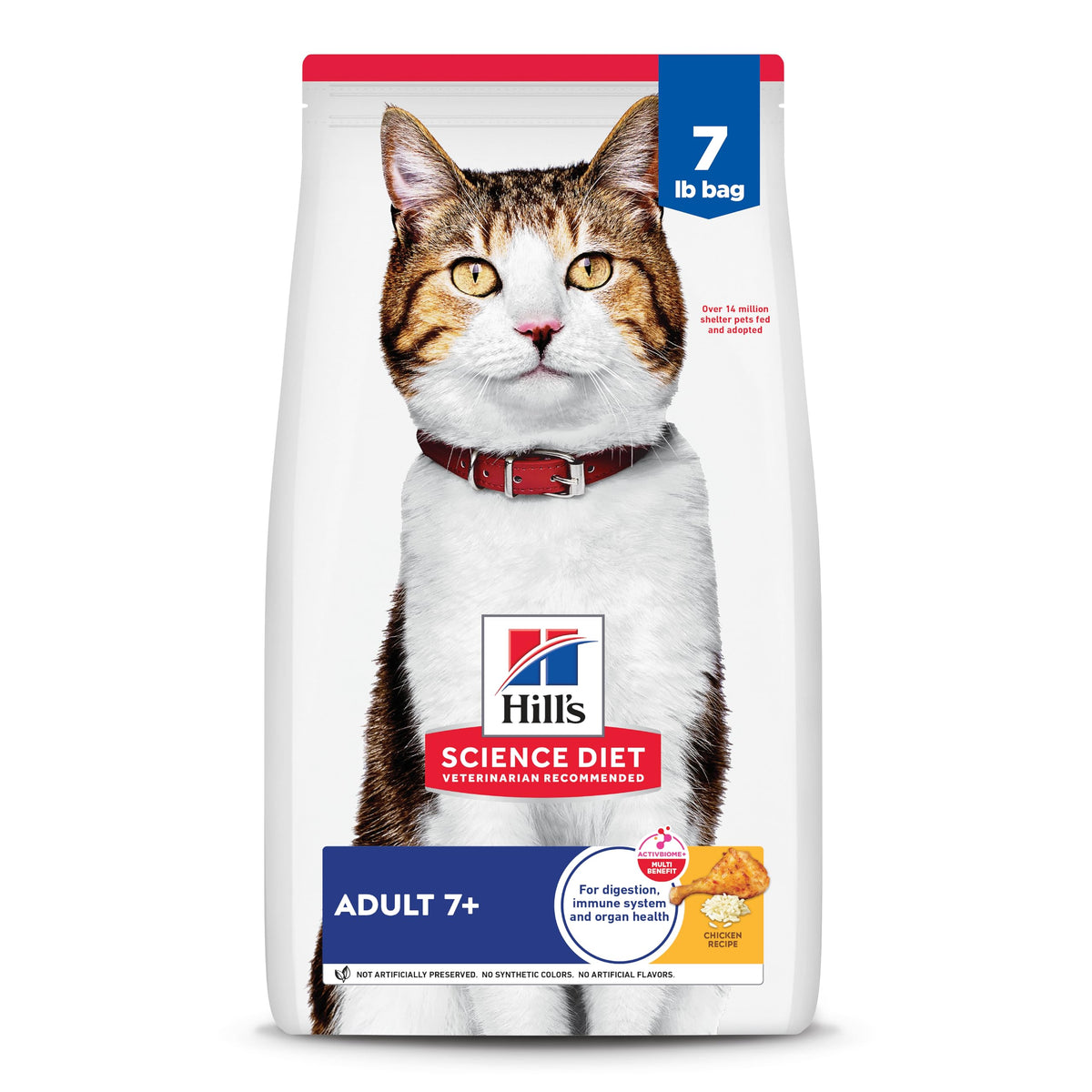 Hill's Science Diet Adult 7+ dry cat food with chicken in 7 lb bag, protein for aging cats.