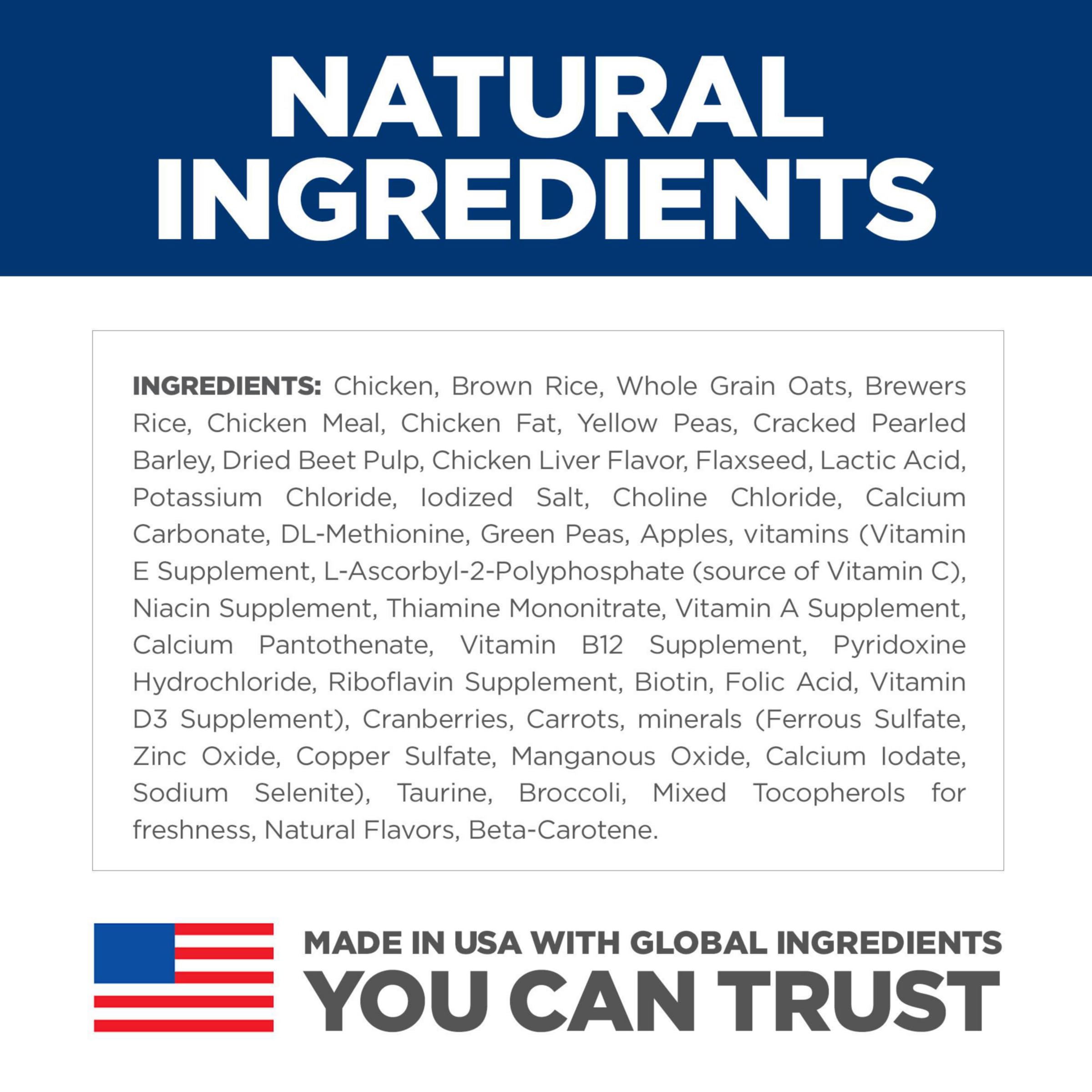 Hill's Science Diet ingredient panel highlights natural ingredients and vitamins.