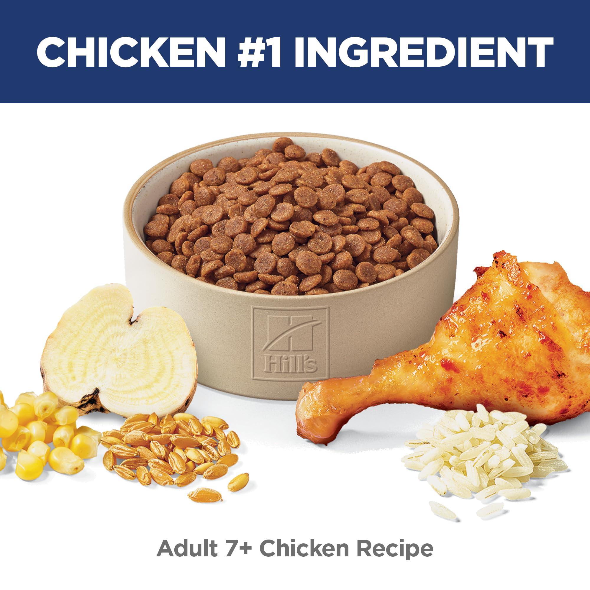 Hill's Science Diet adult 7+ kibble close-up with chicken, supporting lean muscles in aging cats.