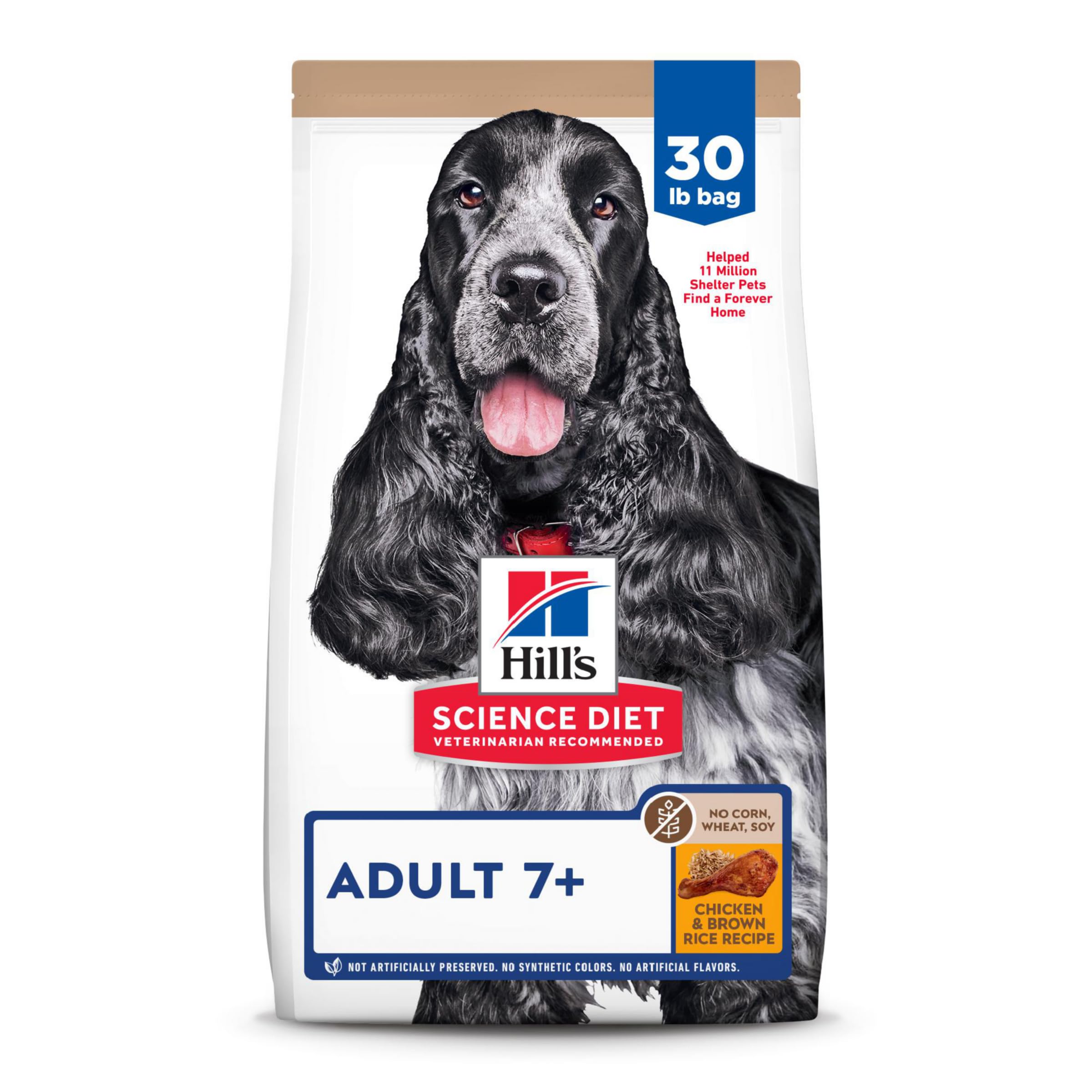 Hill's Science Diet Adult 7+ dry dog food bag shows senior formula for energy.