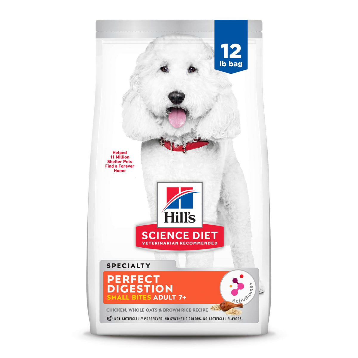 Hill's Science Diet Adult 7+ Perfect Digestion kibble with chicken supports balanced digestion.