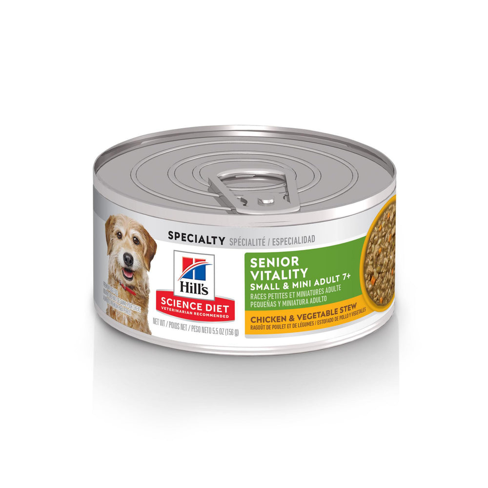 Hill's Science Diet Adult 7+ Senior Vitality wet food can with chicken and vegetables supports energy