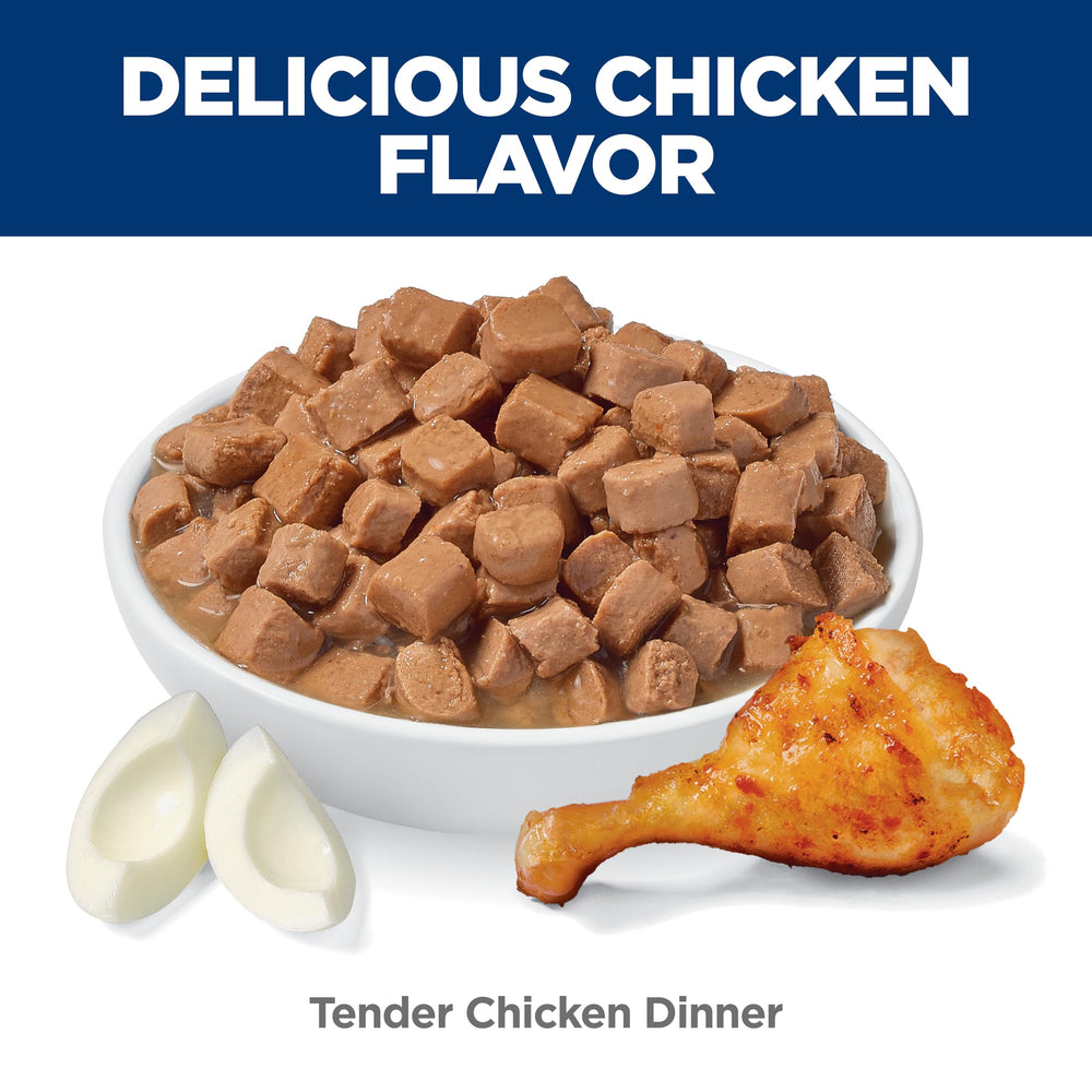 Hill's Science Diet Adult 7+ serving bowl shows savory chicken entrée for mature cats