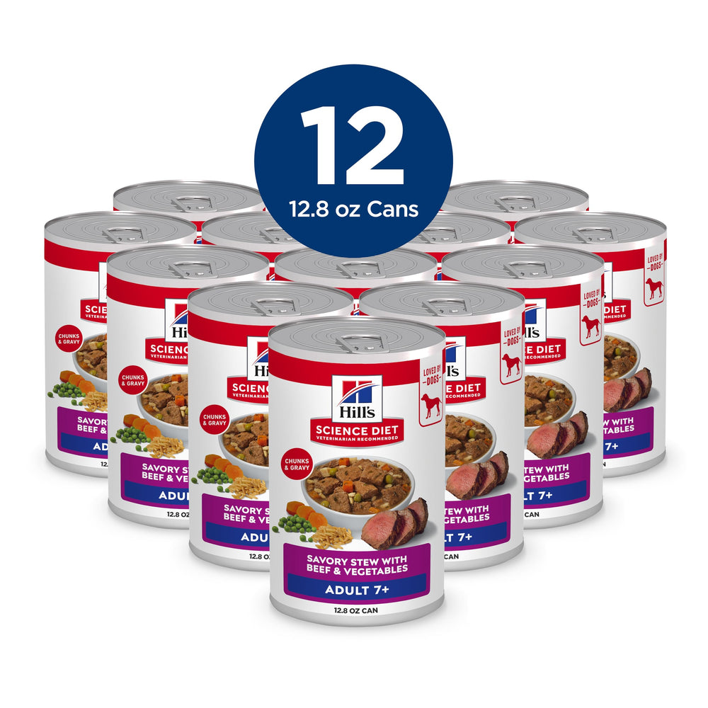 Close-up of beef chunks in Hill's Science Diet 7+ wet dog food for seniors