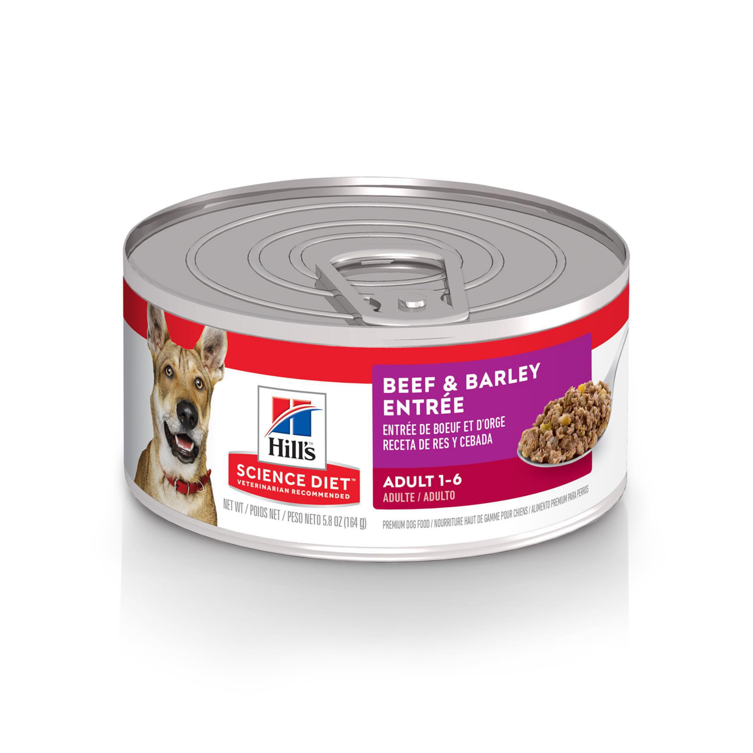Hill's Science Diet adult beef & barley wet dog food can – lean muscle support.