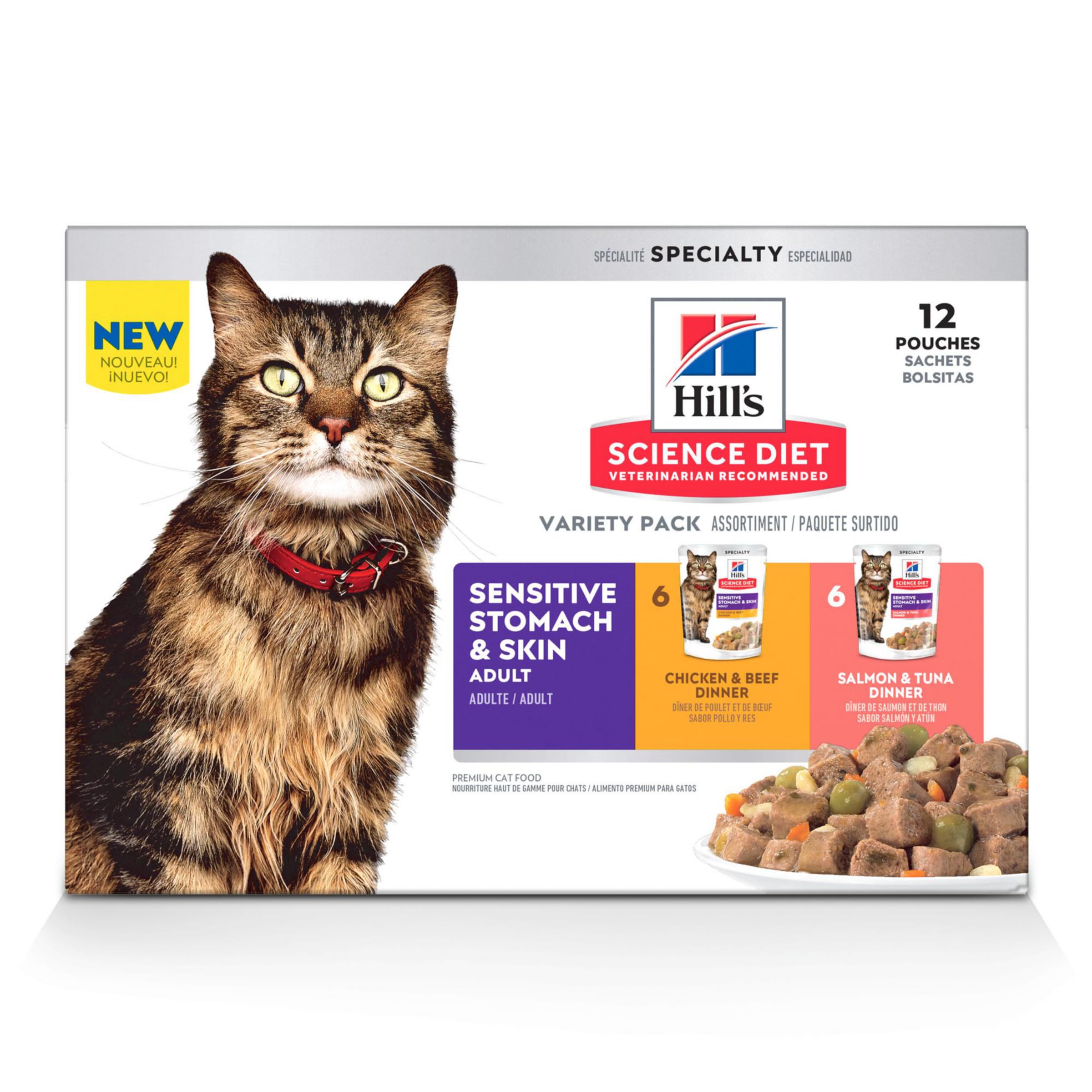 Hill's Science Diet chicken-beef pouches support gentle digestion in adult cats.