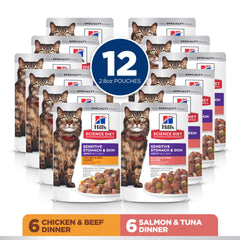 Hill's Science Diet salmon-tuna pouches promote healthy skin and coat.