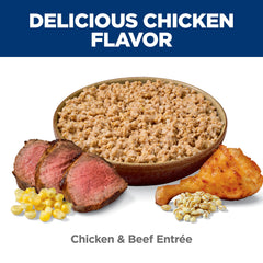 Hill's Science Diet adult portion plate showcases real chicken and beef flavor appeal.
