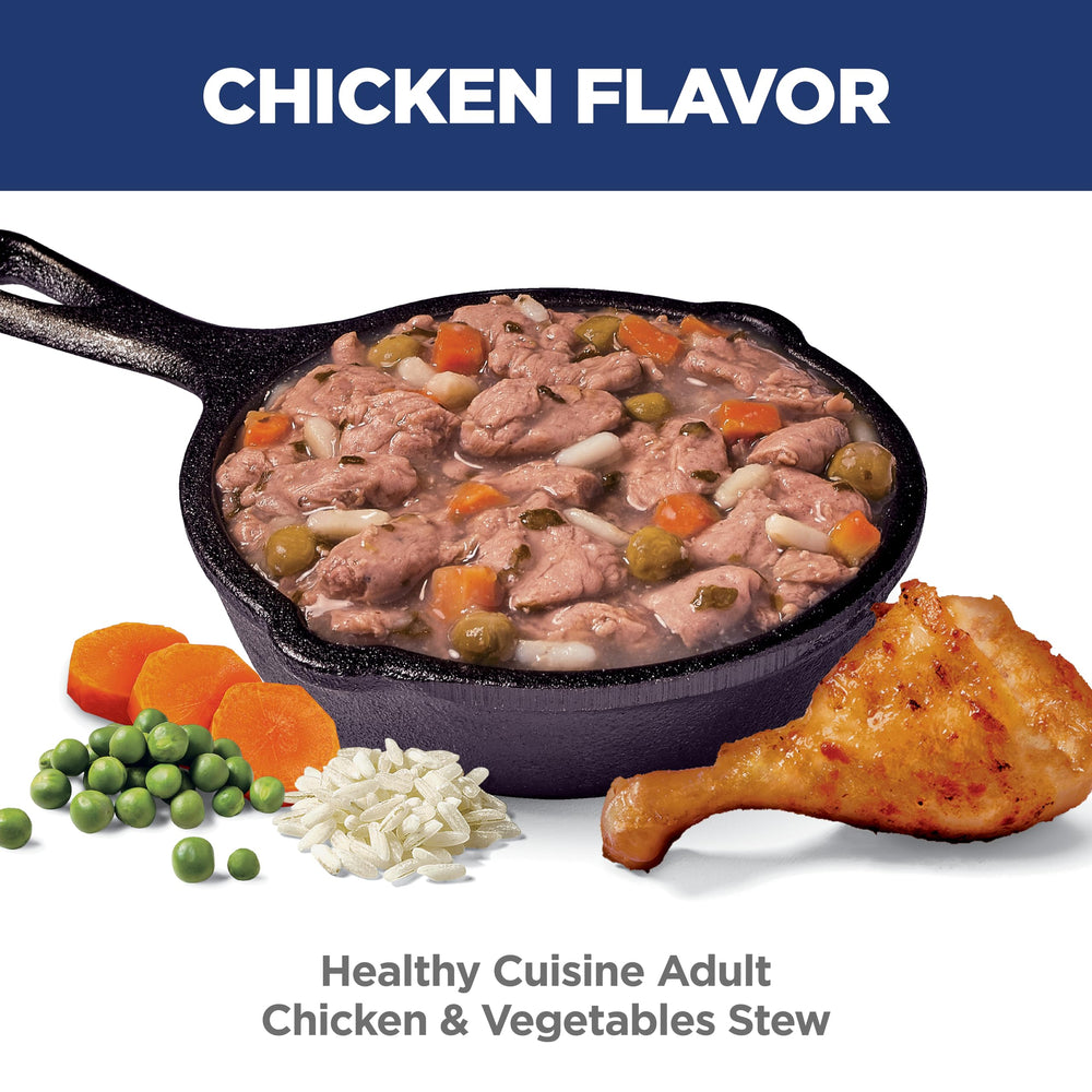 Hill's Science Diet Adult Healthy Cuisine chicken stew chunks close-up.