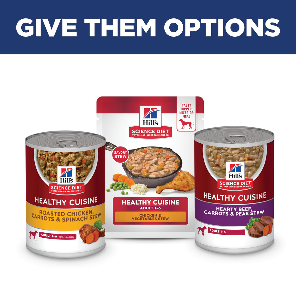 Hill's Science Diet ingredient emphasis on real chicken and vegetables for balanced nutrition.