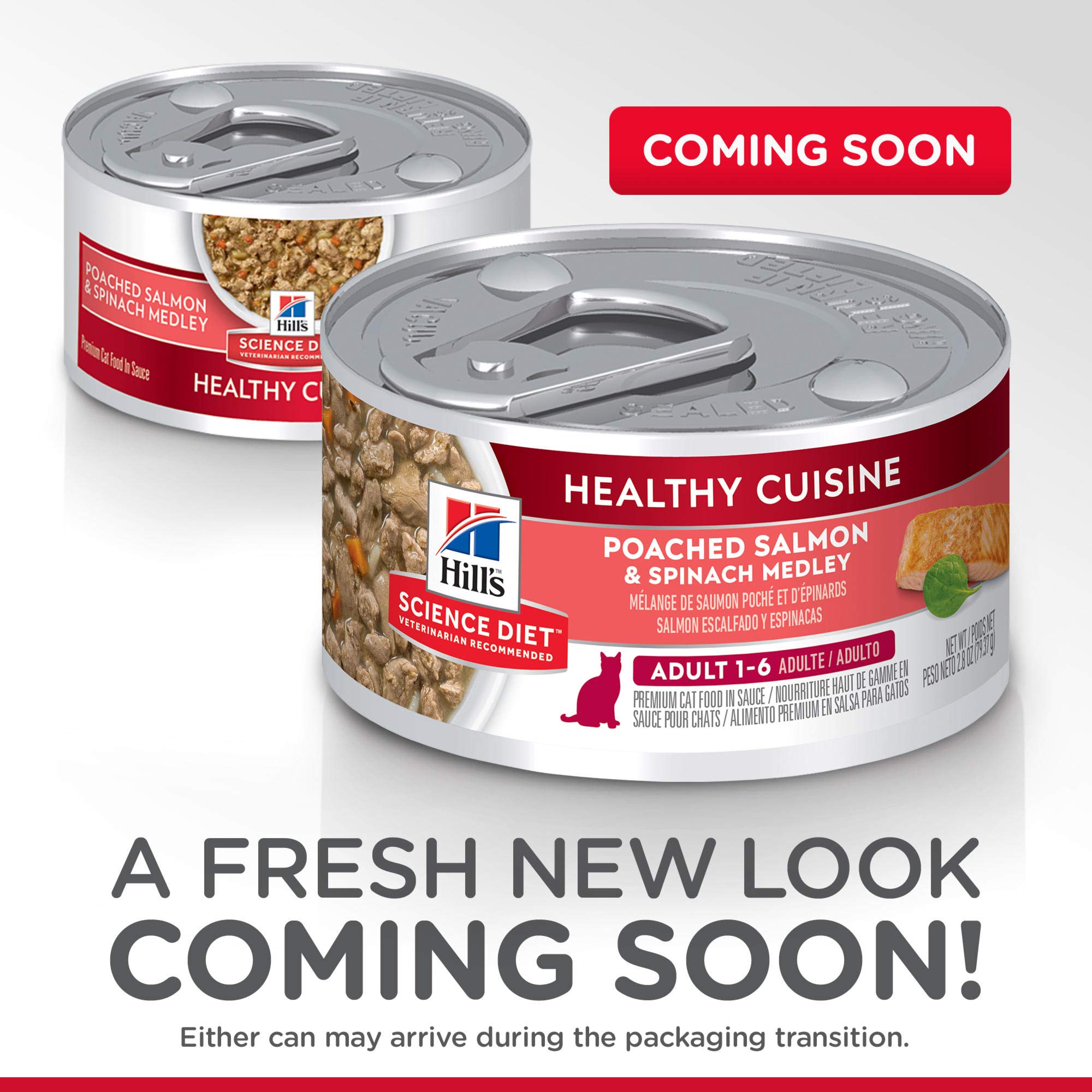 Hill's Science Diet spinach medley highlights tender greens for appetizing adult cat meals.