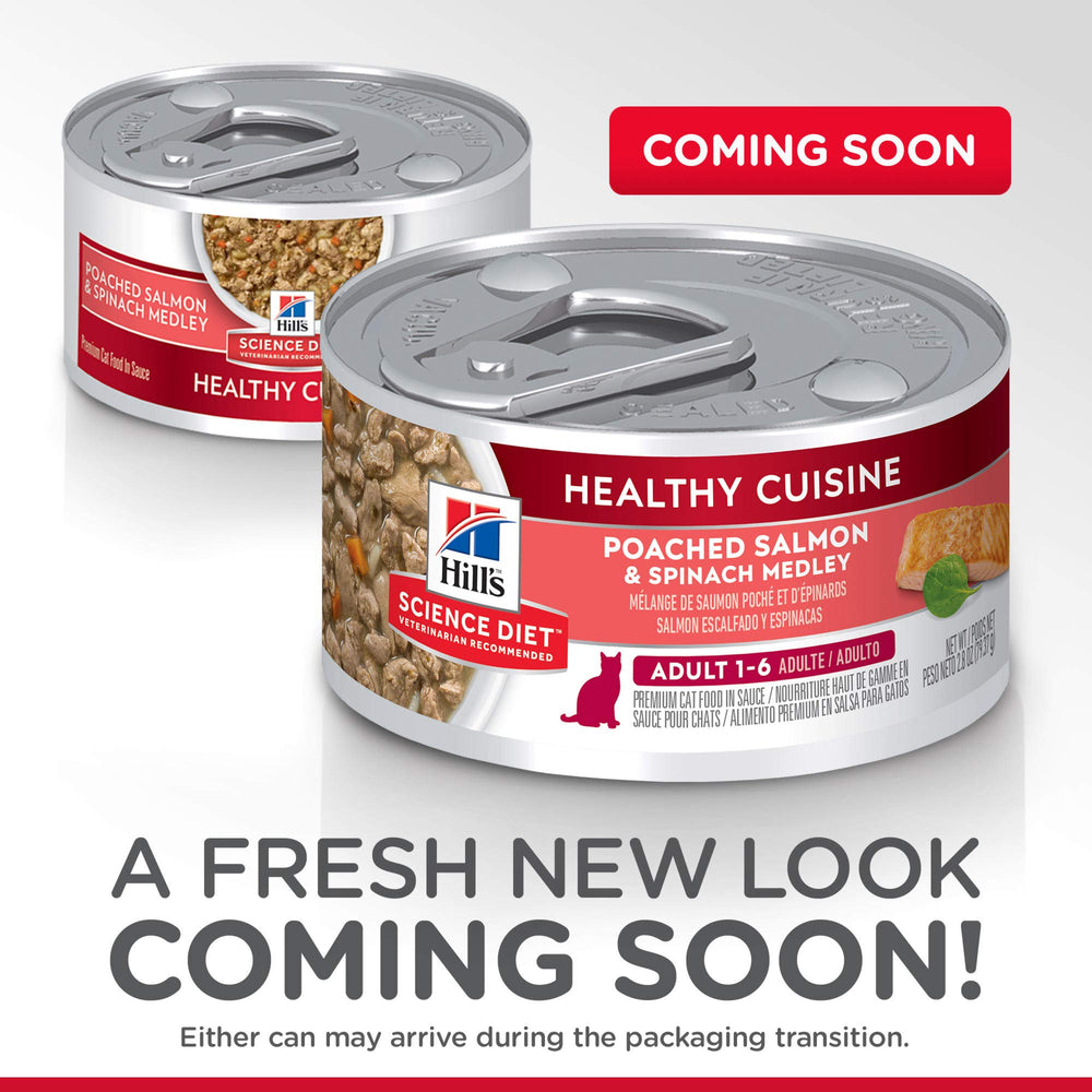Hill's Science Diet spinach medley highlights tender greens for appetizing adult cat meals.