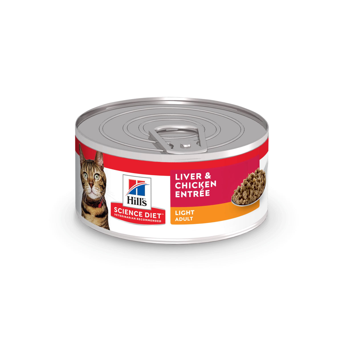 Hill's Science Diet Adult Light liver-chicken wet cat food can, portion ready for weight control.