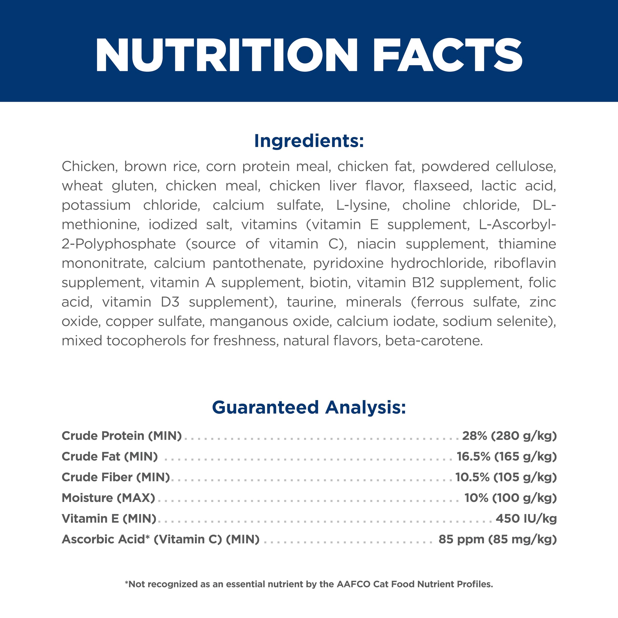 Hill's Science Diet nutrition facts label emphasizes added vitamins and minerals.