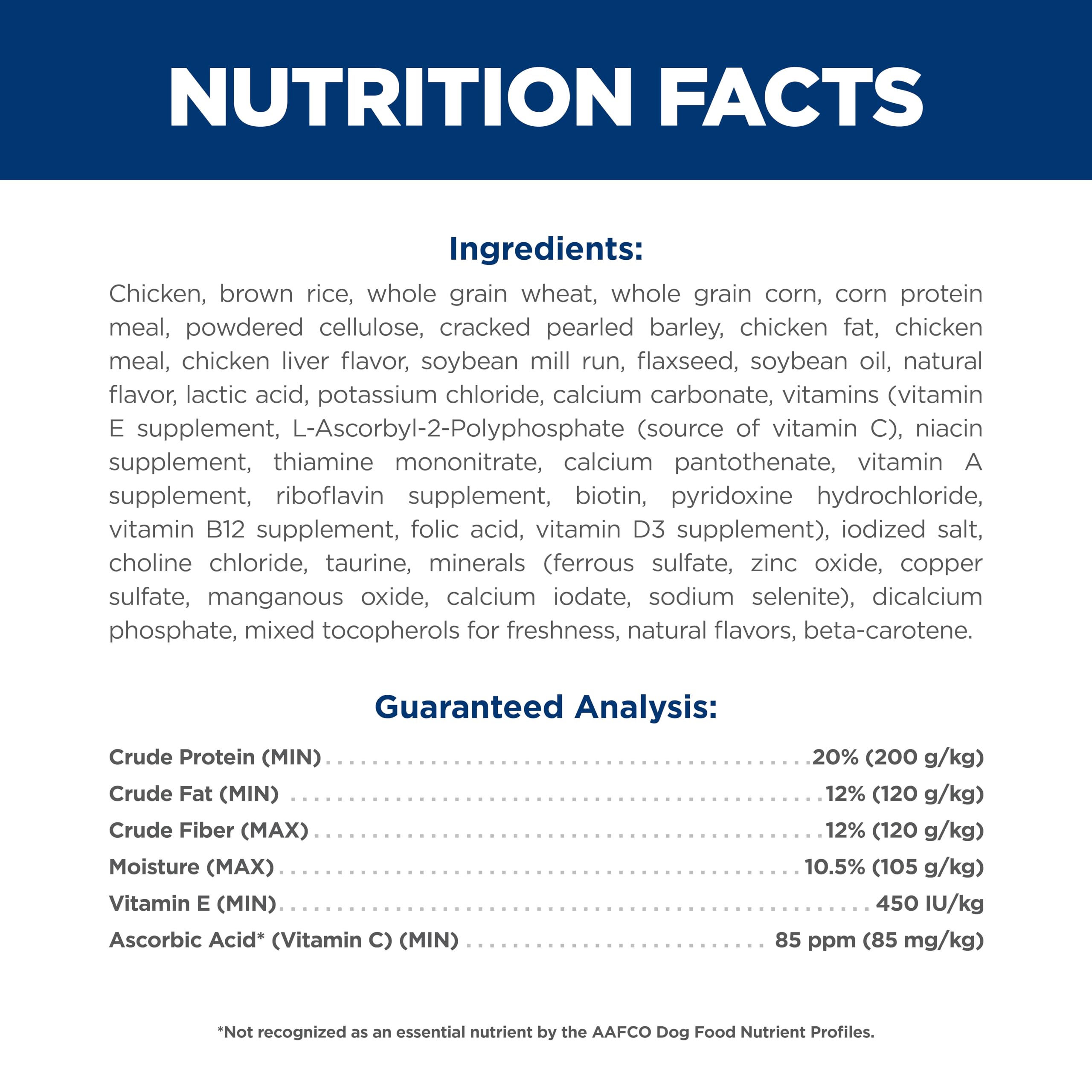 Kibble ingredients include chicken, brown rice, and barley in Hill's formula