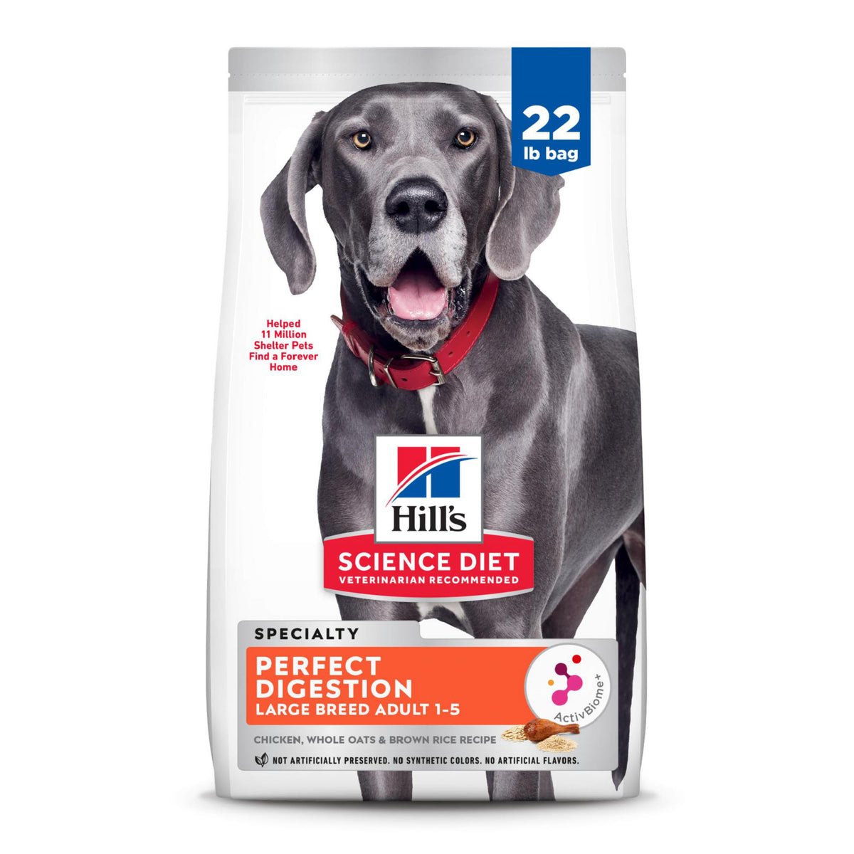 Hill's Science Diet Perfect Digestion Large Breed bag shows balanced gut-friendly nutrition.