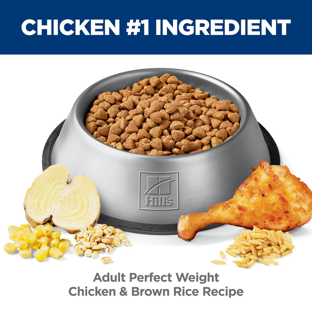 Hill's Science Diet Adult Perfect Weight natural ingredients image highlights high-quality protein for lean muscle support.