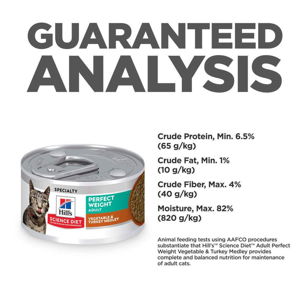 Hill's Science Diet Adult Perfect Weight Vegetable & Salmon Medley packaging offers variety.