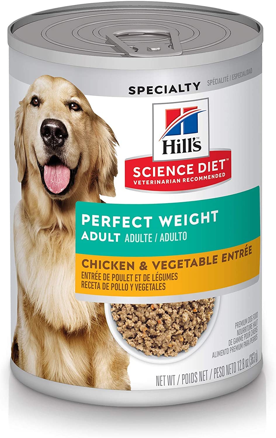 Hill's Science Diet Adult Perfect Weight packaging highlighting weight management benefits.