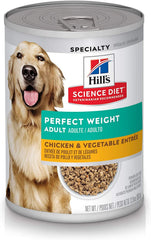 Hill's Science Diet Adult Perfect Weight packaging highlighting weight management benefits.