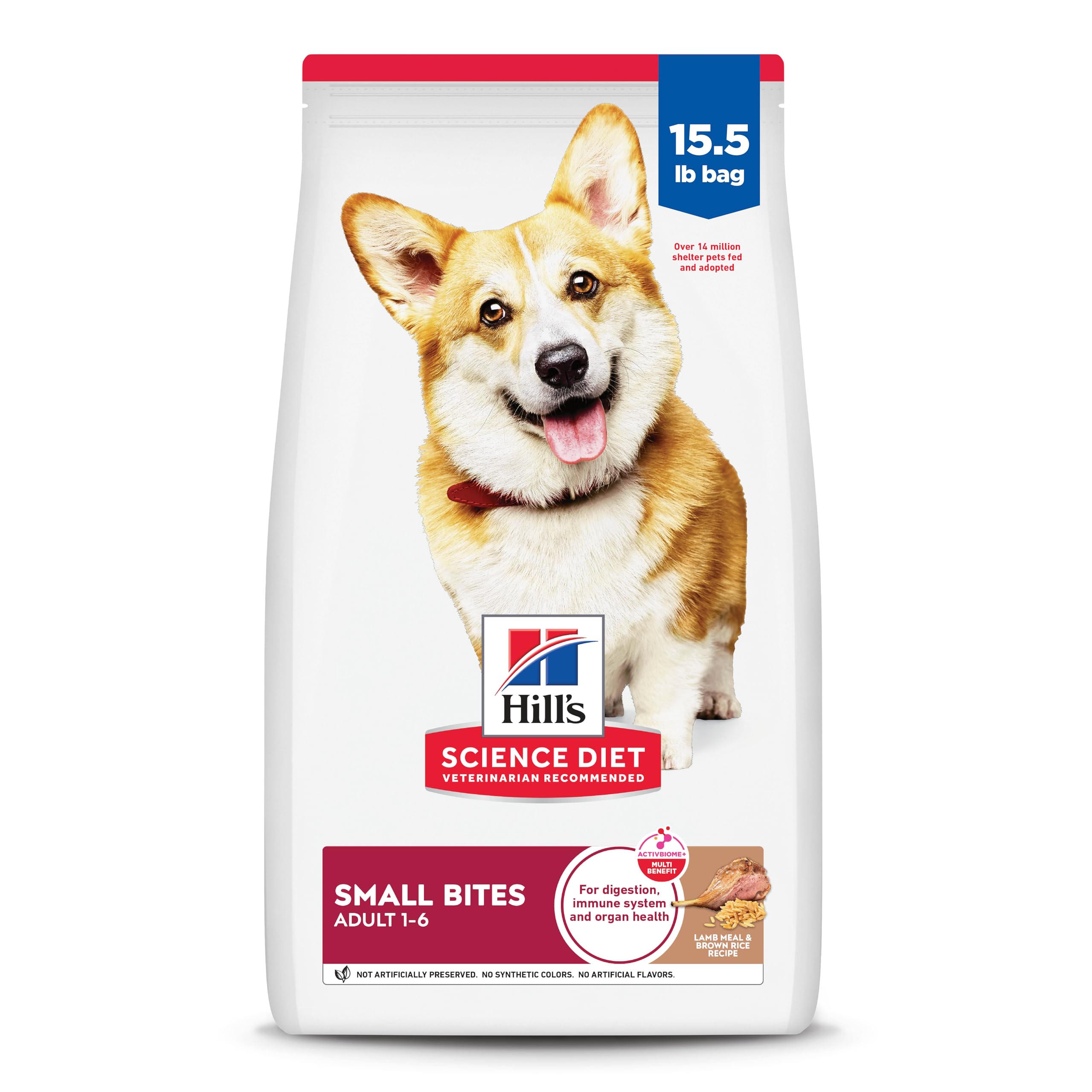 Hill's Science Diet Adult Small Bites bag front with lamb meal and brown rice; supports healthy skin.