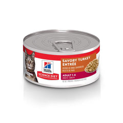 Hill's Science Diet Adult Turkey wet cat food can closeup highlighting high-quality protein for lean muscle support
