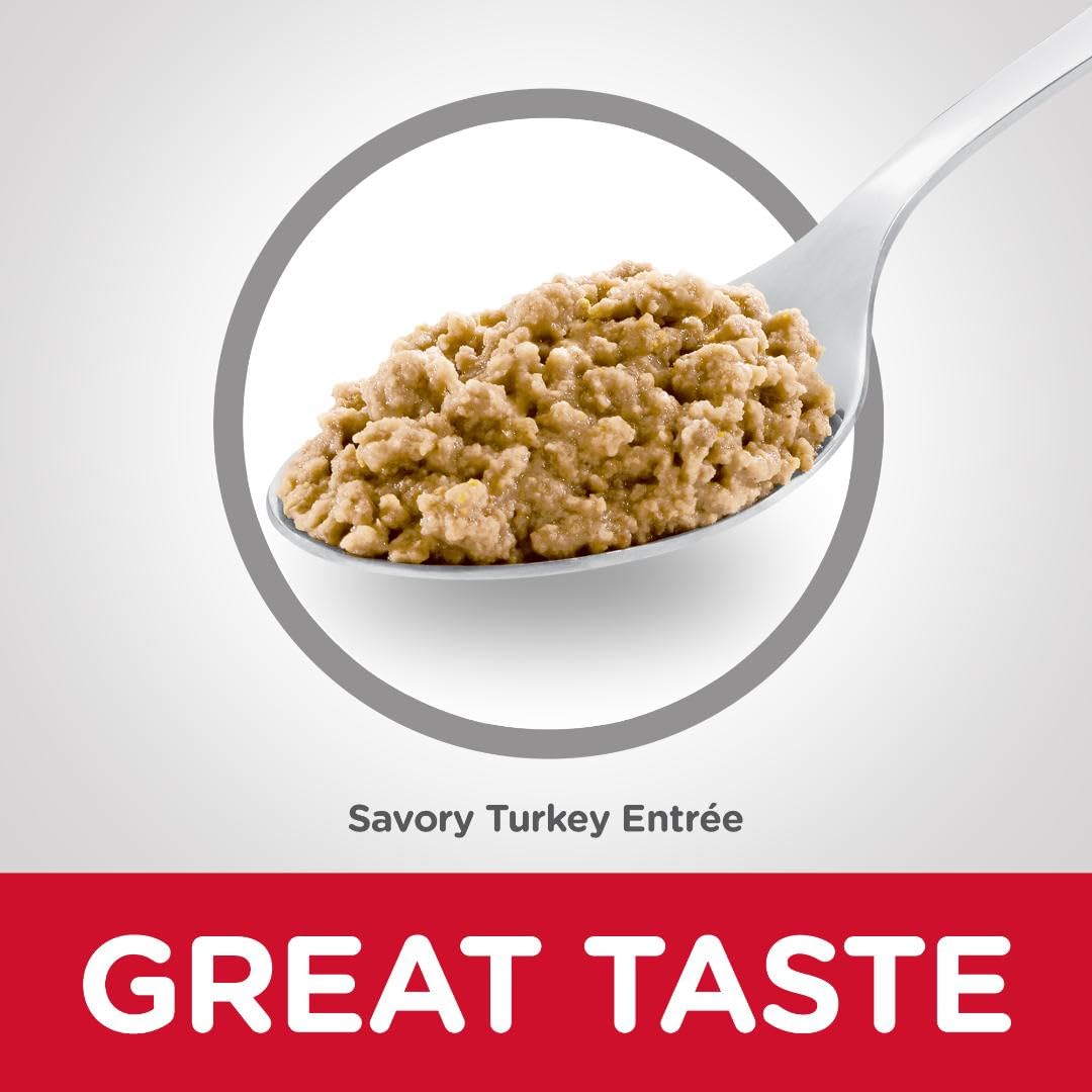 Hill's Science Diet Adult Turkey wet cat food serving bowl shows finely minced texture for flavor and balance