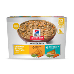 Hill's Science Diet Adult Urinary Hairball Chicken Stew cans support urinary health and flavor.