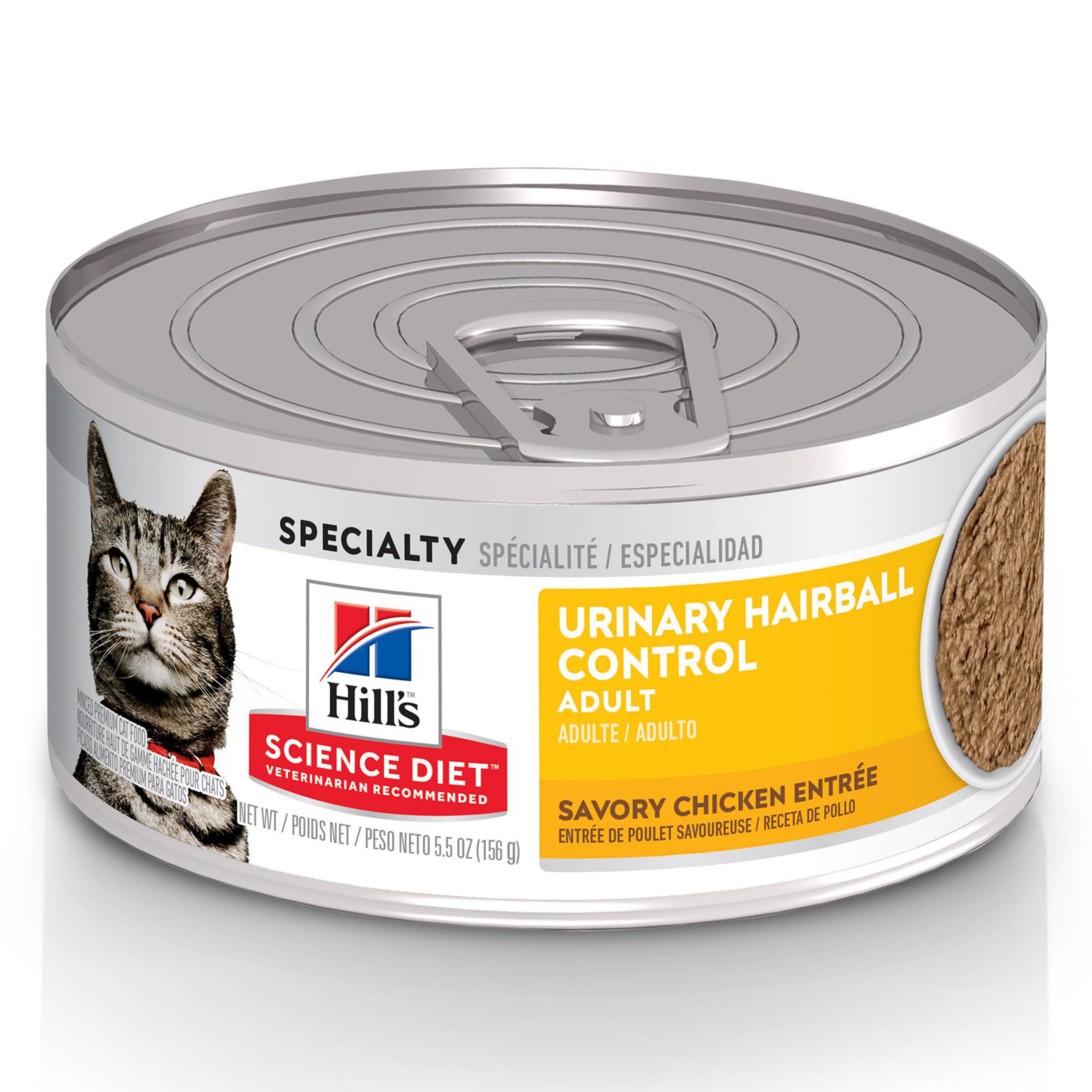 Hill's Science Diet packaging for adult urinary hairball control in a 24-pack case highlighting convenience