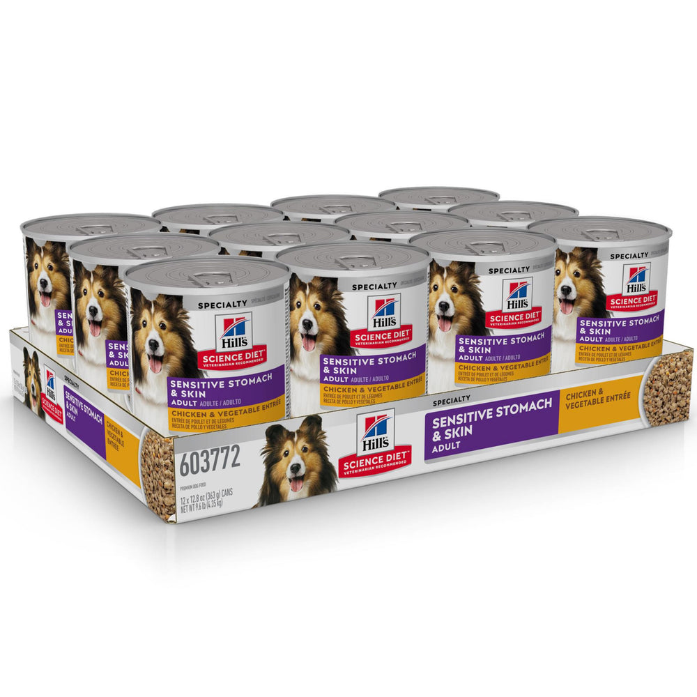 Hill's Science Diet wet dog food in a bowl with chicken and vegetables for shine.