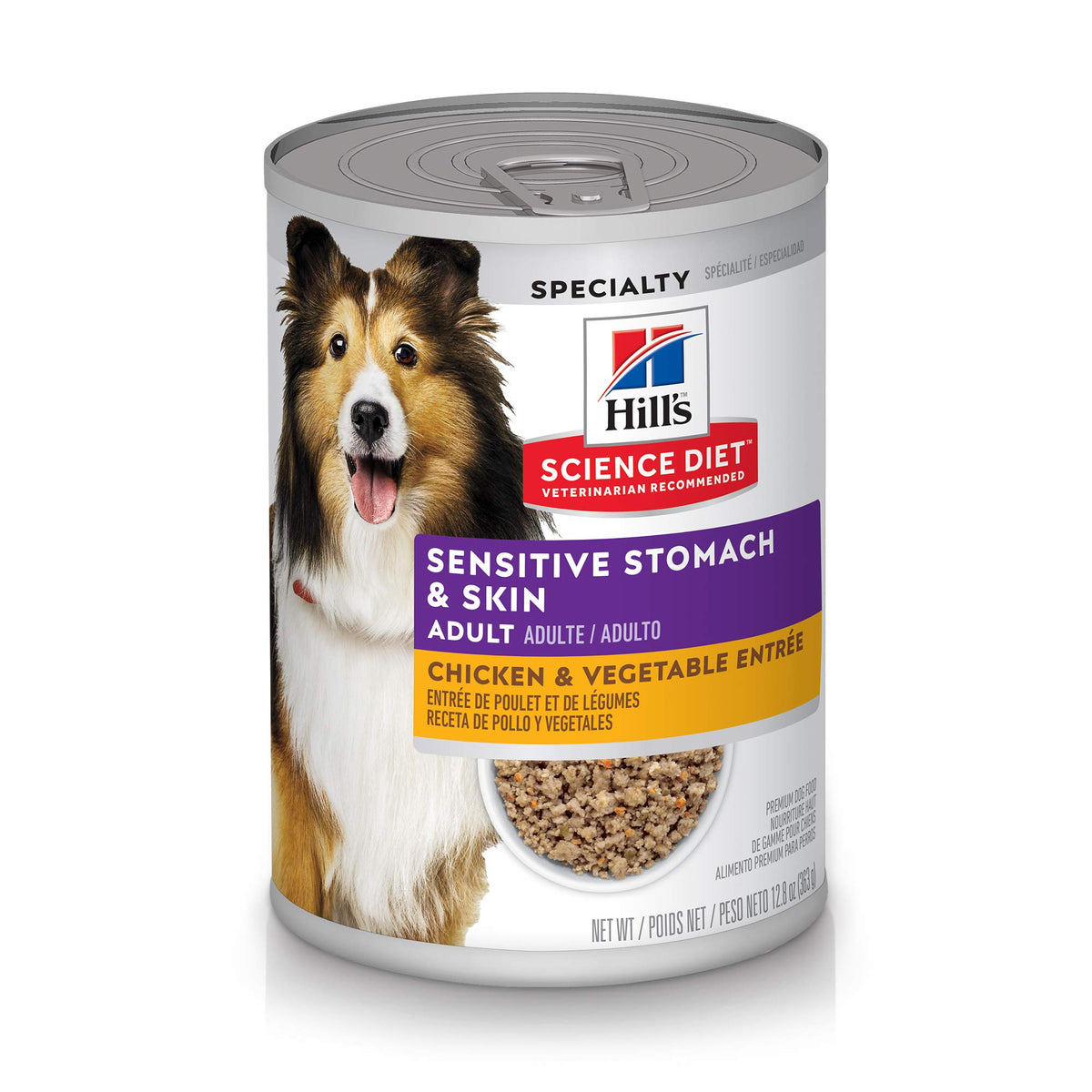 Hill's Science Diet adult wet dog food can with chicken and vegetables promotes gentle digestion.