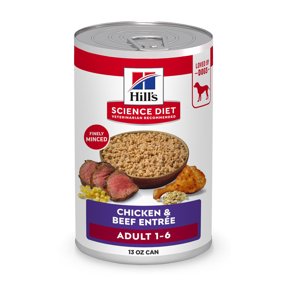 Hill's Science Diet Adult wet dog food chicken-beef cans provide balanced nutrition for energy and lean muscle.