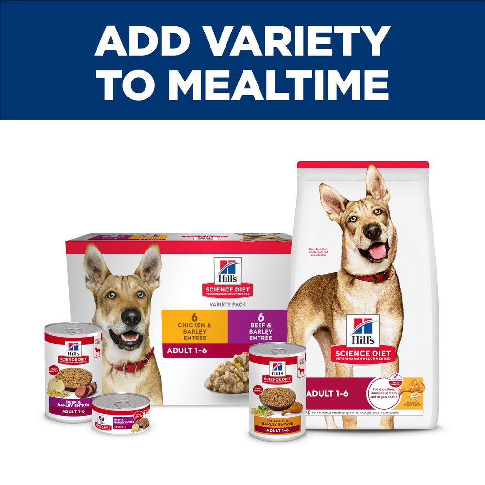 Hill's Science Diet Adult Beef & Barley packaging front, premium canned nutrition.