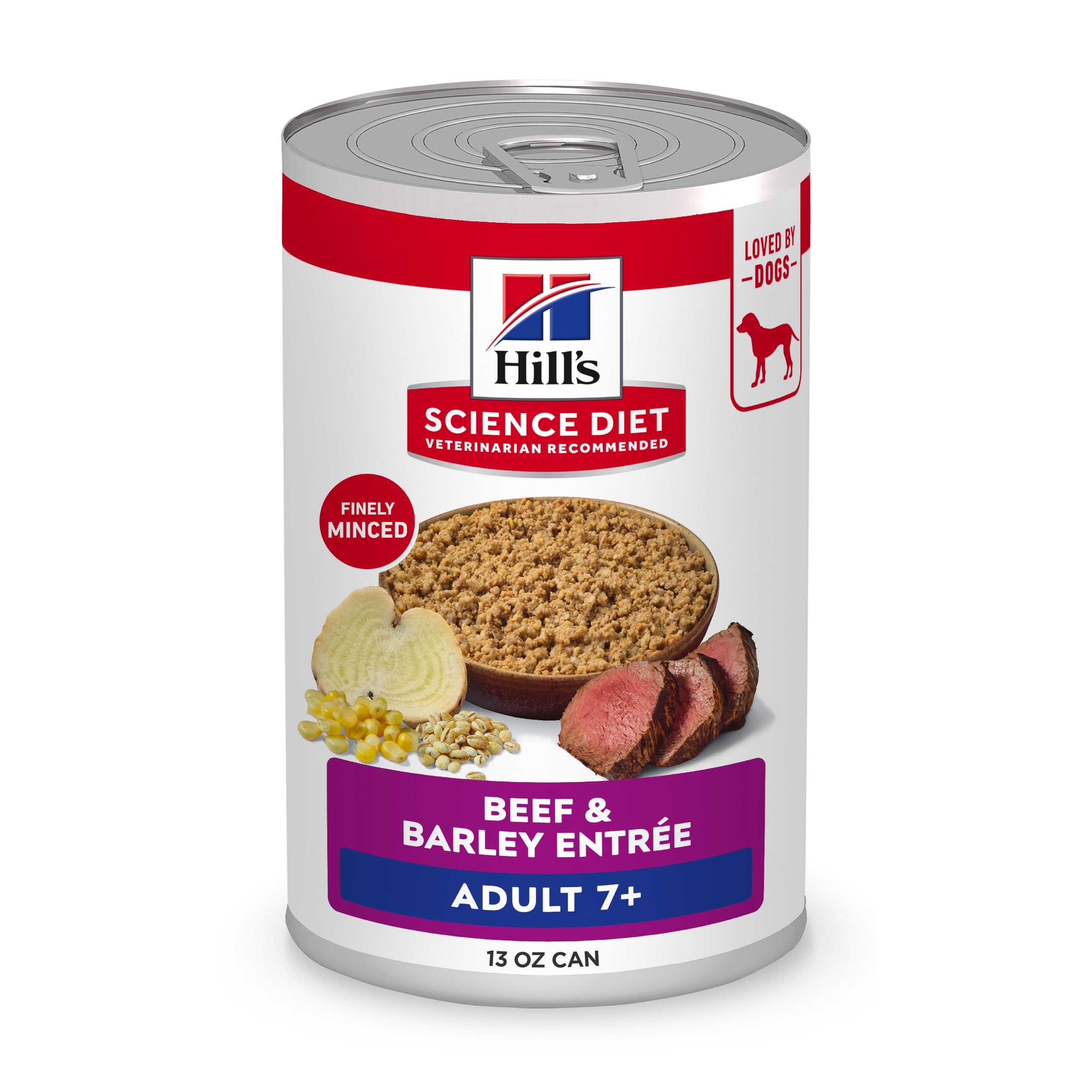 Hill's Science Diet Adult 7+ Beef & Barley can close-up showing premium protein for senior dogs