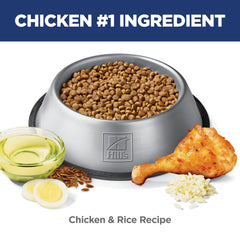 Hills Science Diet Chicken & Rice recipe bag shows savory nutrition
