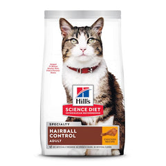 Hill's Science Diet Hairball Control kibble close-up emphasizing Vitamin E and Omega-6 for healthy fur.