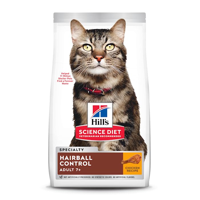 Serving Hill's Hairball Control senior cat meal demonstrates age-appropriate nutrition