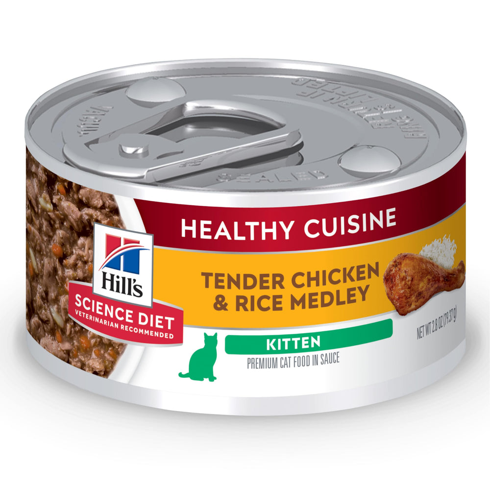 Hill's Science Diet Kitten Healthy Cuisine chicken and rice cans show balanced nutrition for growth.