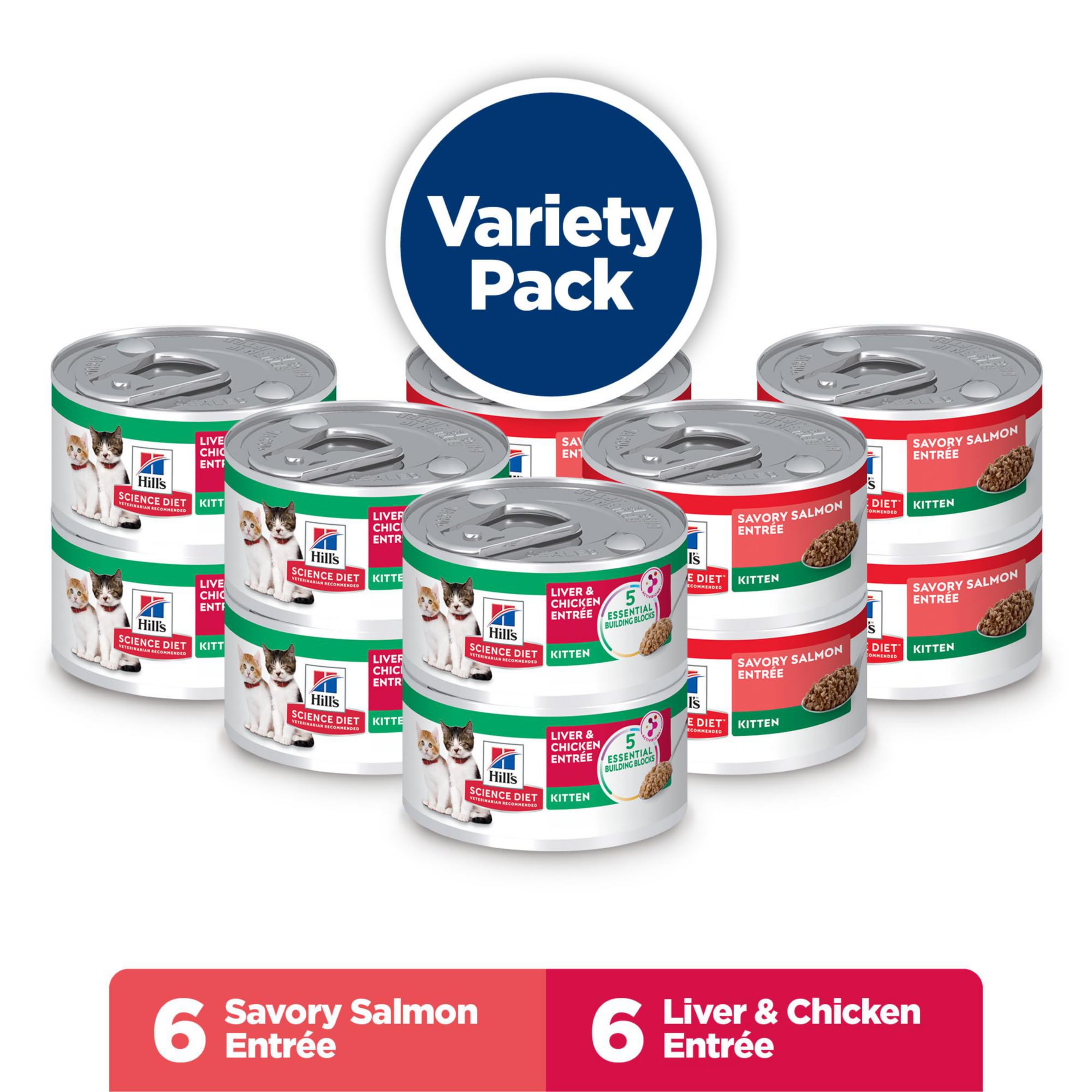 Hill's Science Diet Liver-Chicken Entrée close-up highlights protein for muscle support in kittens.