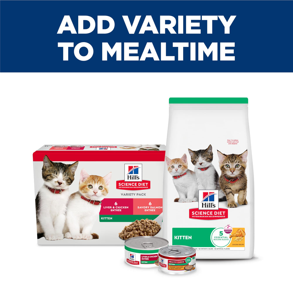 Hill's Science Diet Kitten Liver and Chicken Entrée packaging with trusted brand badge inspires confidence