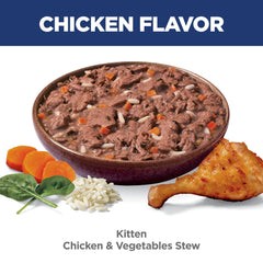 Closeup of chicken and vegetables texture in Hill's Kitten Wet Food, appealing and nutritious