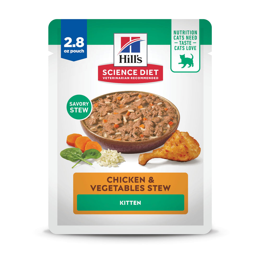 Hill's Science Diet Kitten Wet Food pouch open showing chicken and vegetables, ideal for growth